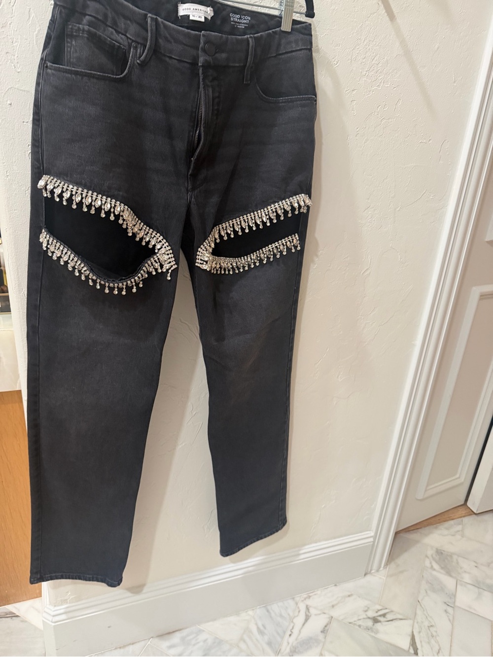Good American Black Straight Leg Jeans with Crystal Fringe